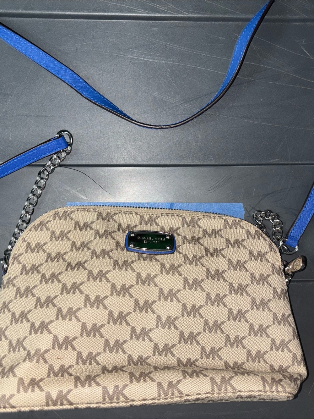 Michael Kors Beige MK Logo Crossbody with Blue Strap